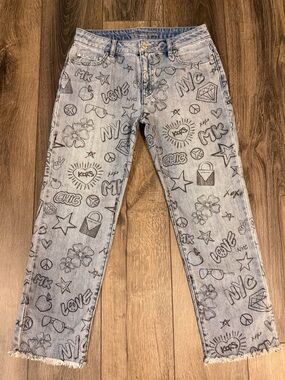 Michael Kors NYC Graffiti Logo High Rise Straight Leg Jeans Blue Size 4 Y2K BOLO